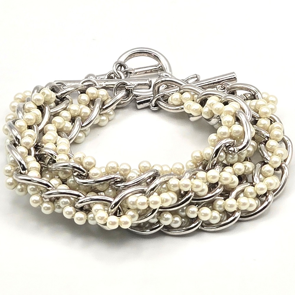 Multi Strand Glass Faux Pearl Silver Tone‎ Curb Chain Toggle Bracelet Statement